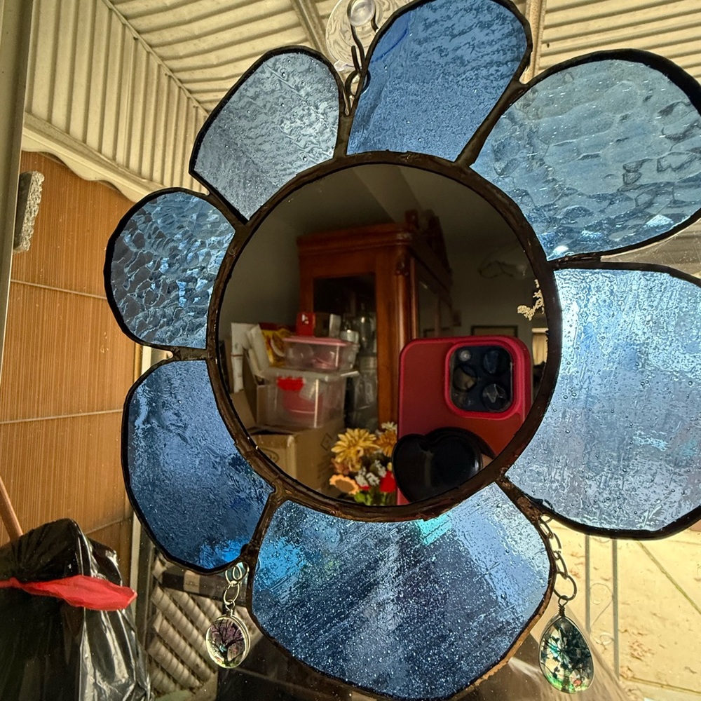 Blue Stained Glass Flower Mirror with charms